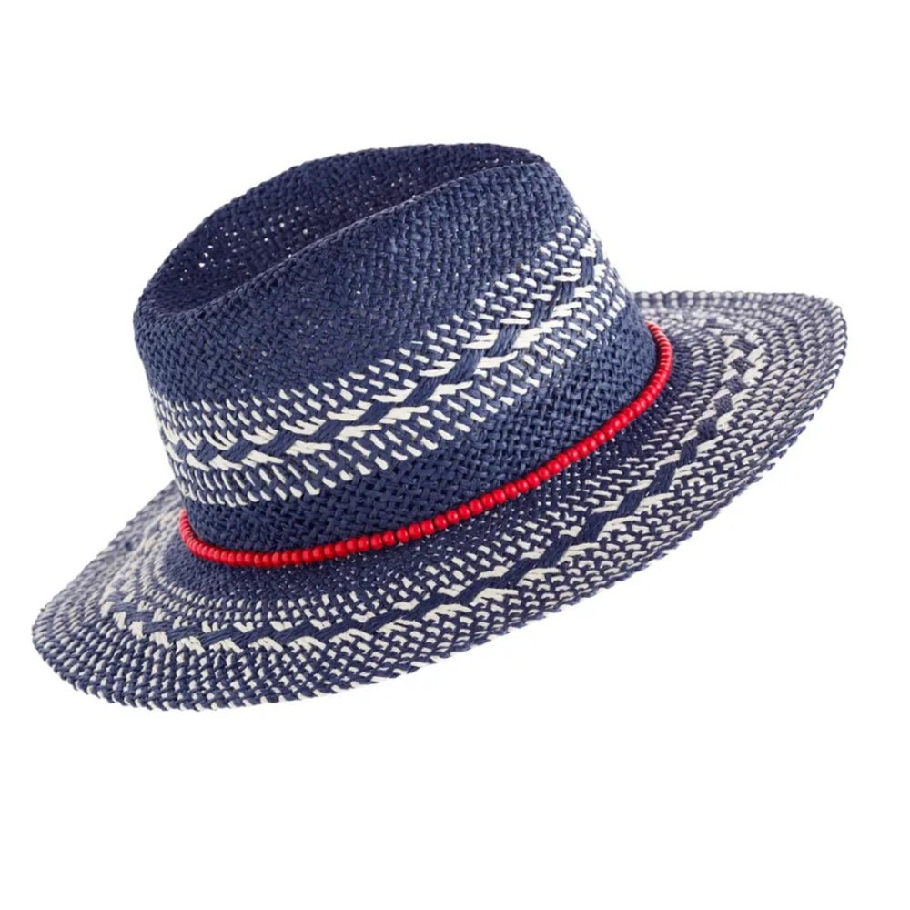 Shiraleah Navy White Straw Fedora Hat with Red Bead Band